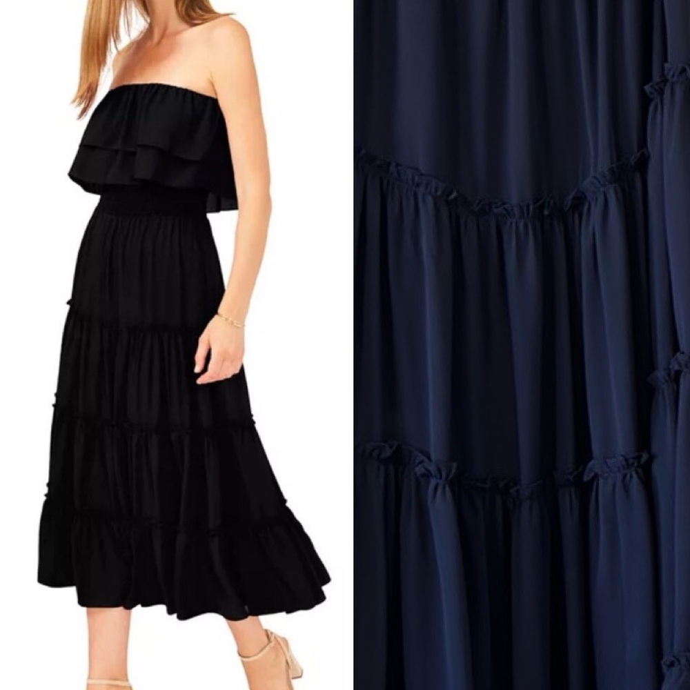 1.STATE | Women's Strapless Ruffle Tiered Maxi Midi Dress Navy Blue Medium